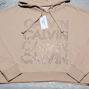 NEW Calvin Klein Jeans Women's Small Cropped Logo Hoodied Cream Sweatshirt